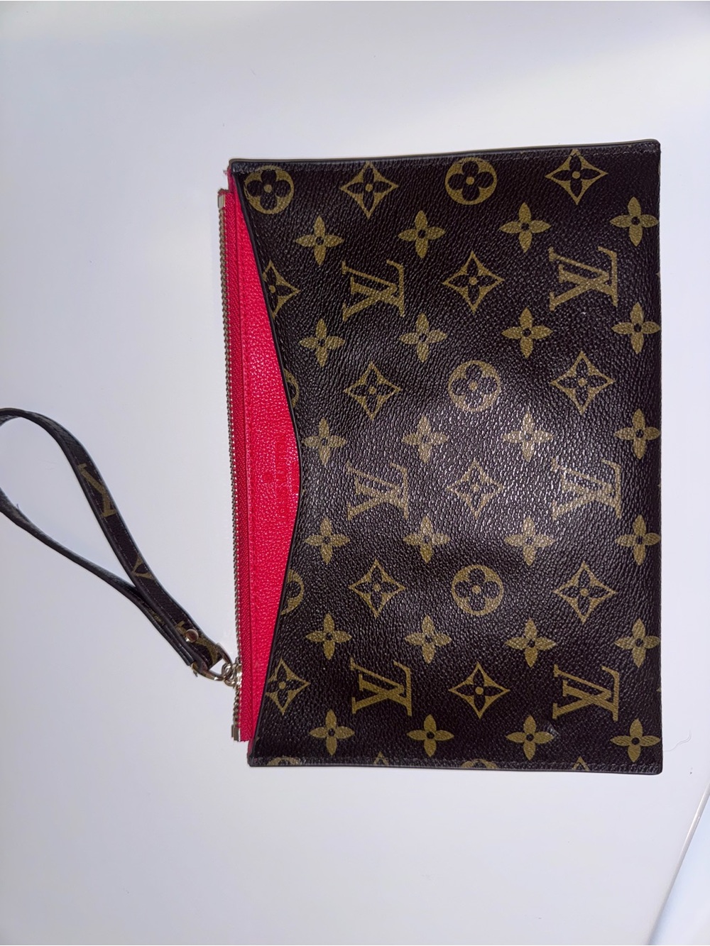 Louis Vuitton Brown Monogram Clutch with Pink-Red Interior
